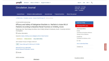 Efficacy and Safety of Dabigatran Etexilate vs. Warfarin in Asian RE-LY Patients According to Baseline Renal Function or CHADS2 Score